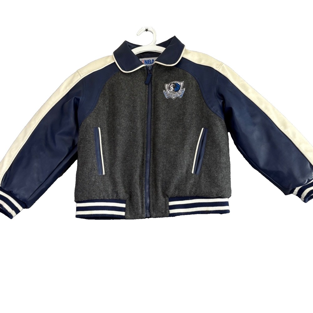 Dallas Mavericks Kids Size 8 10 NBA Varsity Jacket White Leather Sleeves **flaws